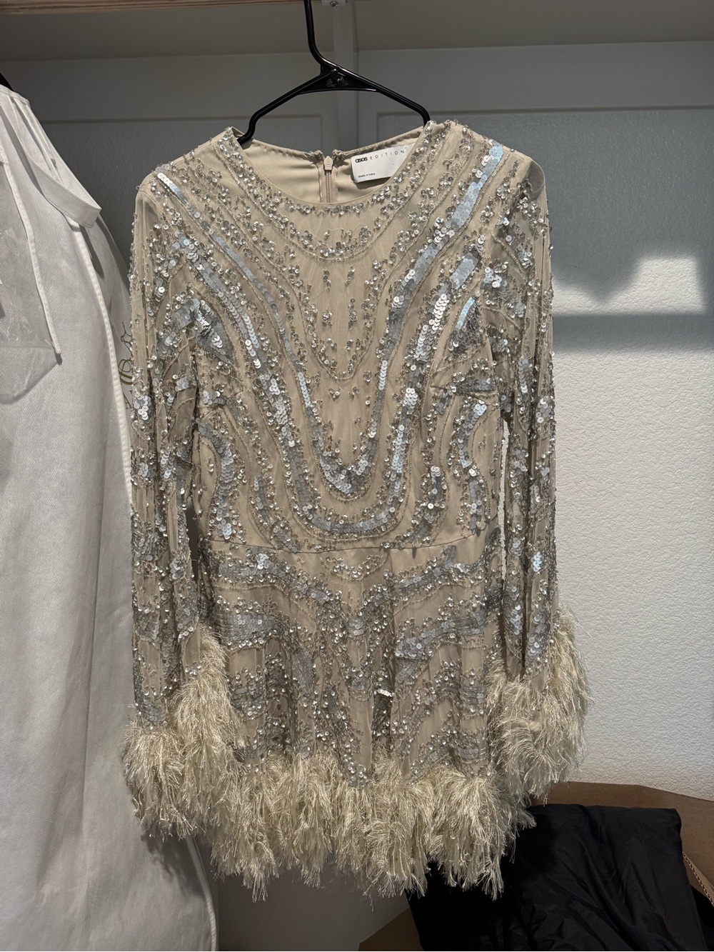 ASOS Embroidered Sequin Feather Trim Long Sleeve dress- Beige